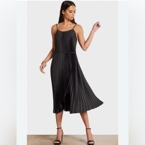 Sam Edelman Black Plisse Pleated Midi Dress spaghetti straps tie detail sz L NWT